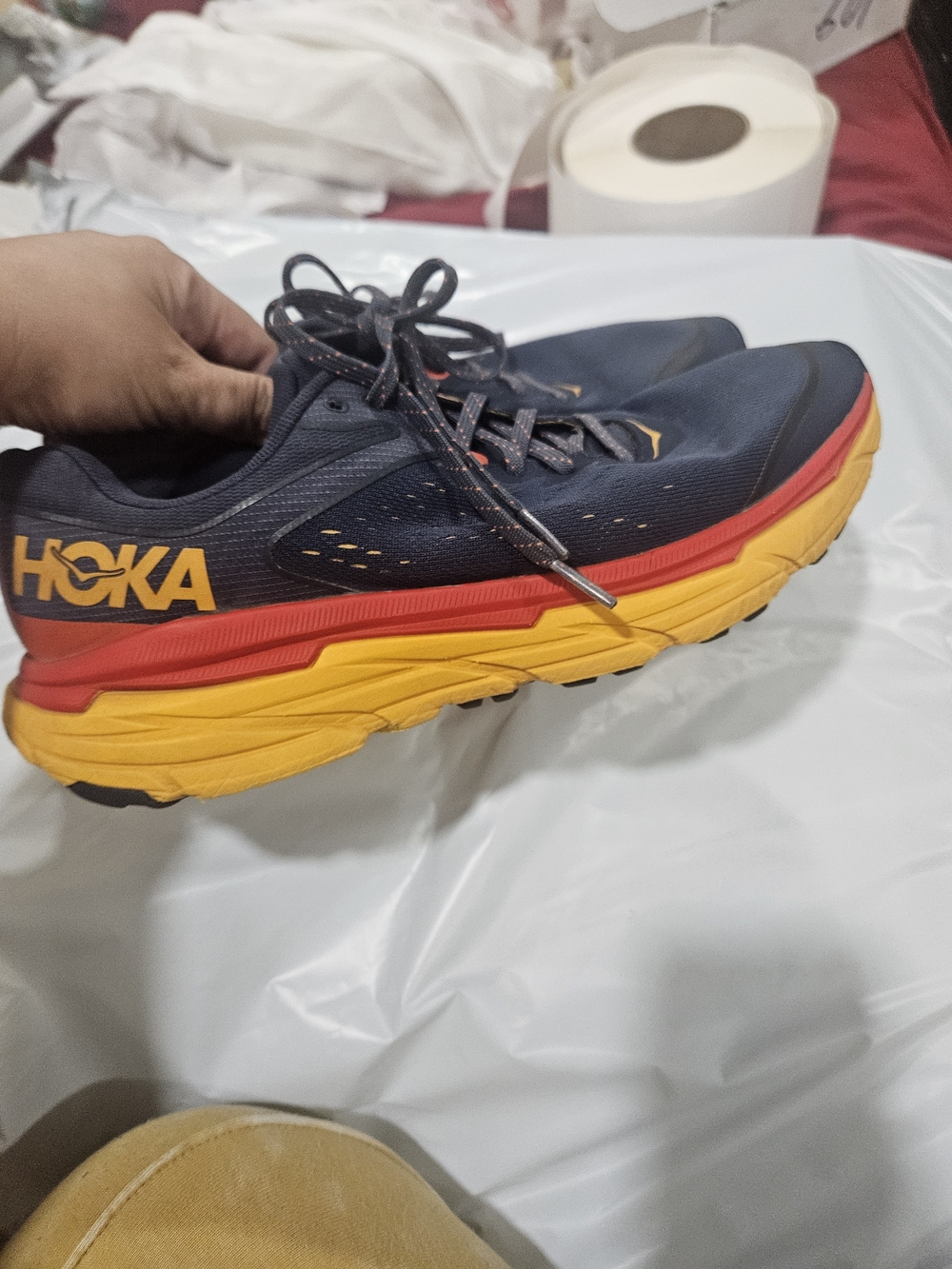 HOKA Men's /women Navy Running Shoe with Red and Yellow Accents